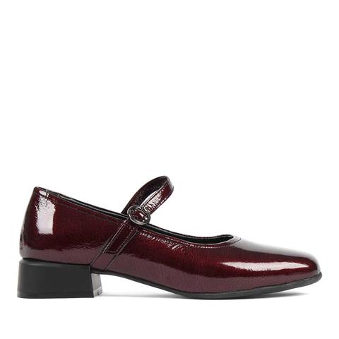 Kadın Bordo Tokalı Kalın Topuklu Rugan Deri Klasik Ayakkabı