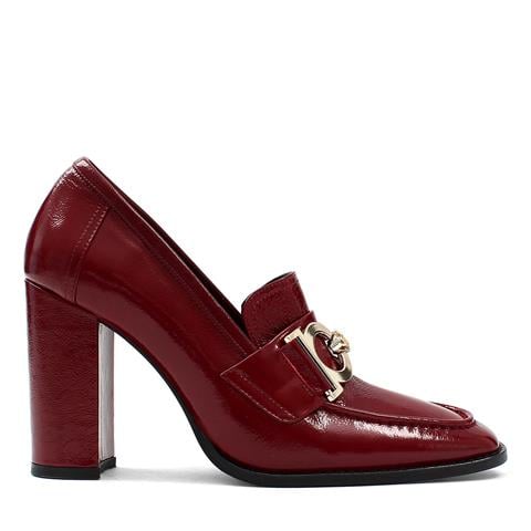 Kadın Bordo Tokalı Kalın Topuklu Rugan Deri Klasik Ayakkabı