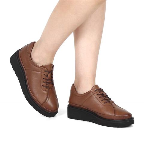 Kadın Ceviz Bağcıklı Dolgu Topuklu Deri Ayakkabı