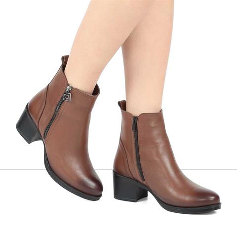 Kadın Ceviz Çift Fermuarlı Deri Bot