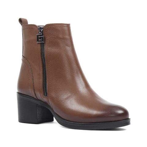 Kadın Ceviz Çift Fermuarlı Deri Bot