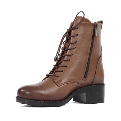 Kadın Ceviz Fermuarlı Kalın Topuklu Deri Bot