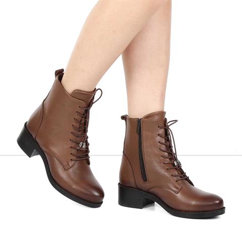 Kadın Ceviz Fermuarlı Kalın Topuklu Deri Bot