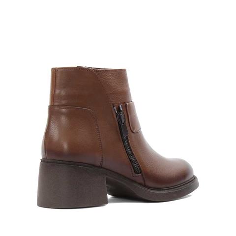 Kadın Ceviz Fermuarlı Kalın Topuklu Deri Bot