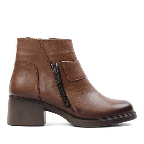 Kadın Ceviz Fermuarlı Kalın Topuklu Deri Bot