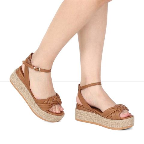 Kadın Ceviz Hasır Tabanlı Deri Sandalet