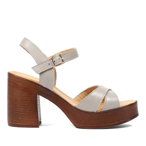 Kadın Gri Kalın Topuklu Deri Sandalet