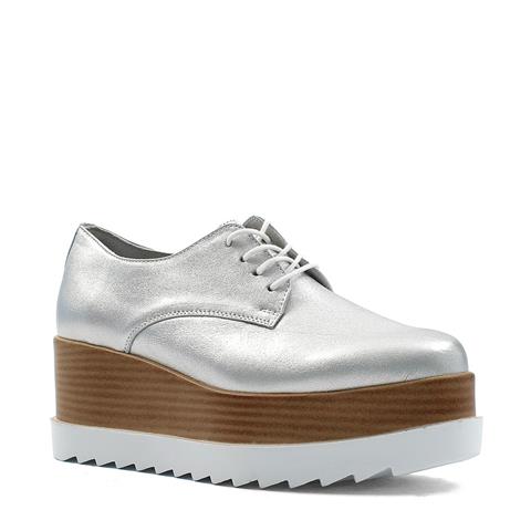 Kadın Gümüş Bağcıklı Dolgu Topuklu Deri Ayakkabı