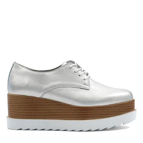 Kadın Gümüş Bağcıklı Dolgu Topuklu Deri Ayakkabı