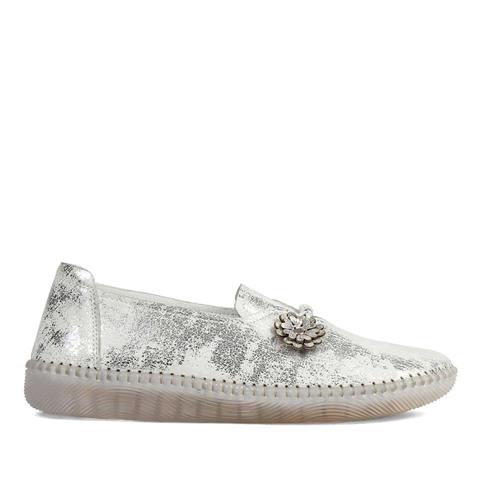 Kadın Gümüş Çiçek Detaylı Deri Ayakkabı