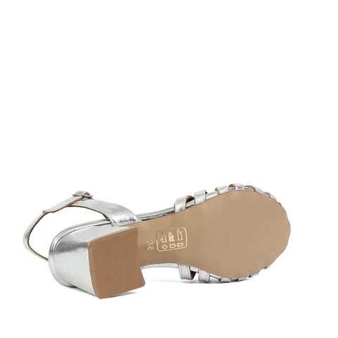 Kadın Gümüş Kalın Topuklu Deri Gladyatör  Sandalet