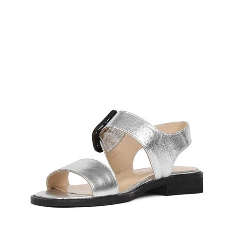 Kadın Gümüş Tokalı Kalın Topuklu Deri Sandalet