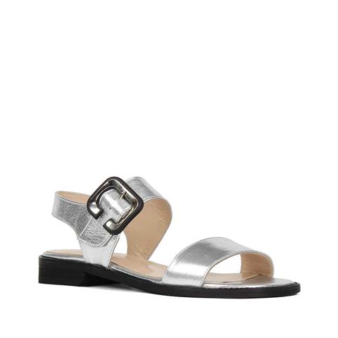 Kadın Gümüş Tokalı Kalın Topuklu Deri Sandalet