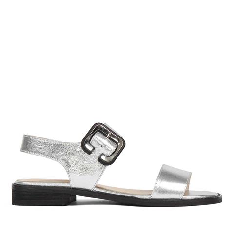 Kadın Gümüş Tokalı Kalın Topuklu Deri Sandalet