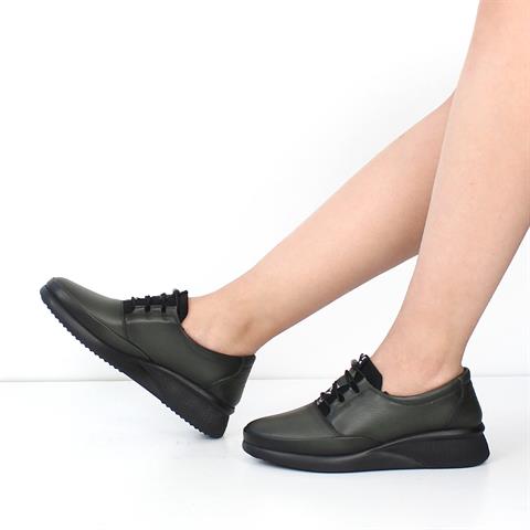 Kadın Haki Bağcıklı Dolgu Topuklu Deri Ayakkabı