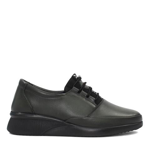 Kadın Haki Bağcıklı Dolgu Topuklu Deri Ayakkabı