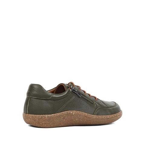 Kadın Haki Bağcıklı Fermuarlı Deri Ayakkabı