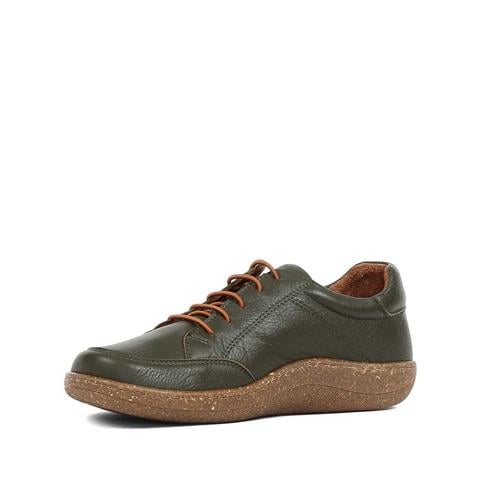 Kadın Haki Bağcıklı Fermuarlı Deri Ayakkabı