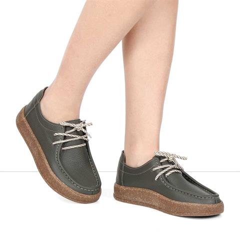 Kadın Haki Bağcıklı Kalın Tabanlı Deri Ayakkabı