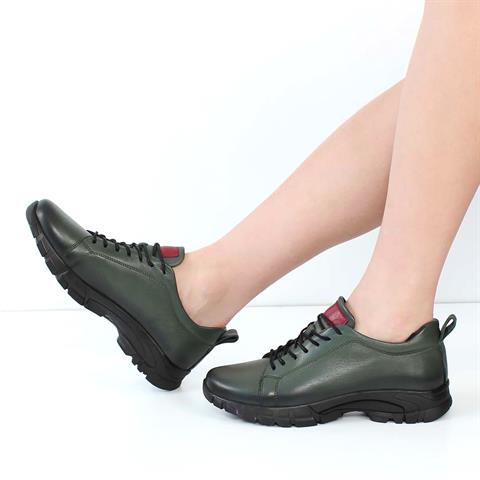 Kadın Haki Bağcıklı Kalın Tabanlı Deri Ayakkabı