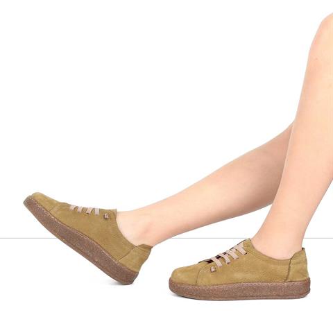 Kadın Haki Bağcıklı Kalın Tabanlı Nubuk Deri Ayakkabı