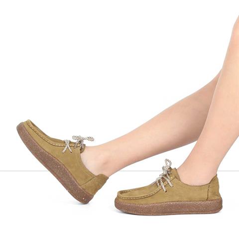 Kadın Haki Bağcıklı Kalın Tabanlı Nubuk Deri Ayakkabı