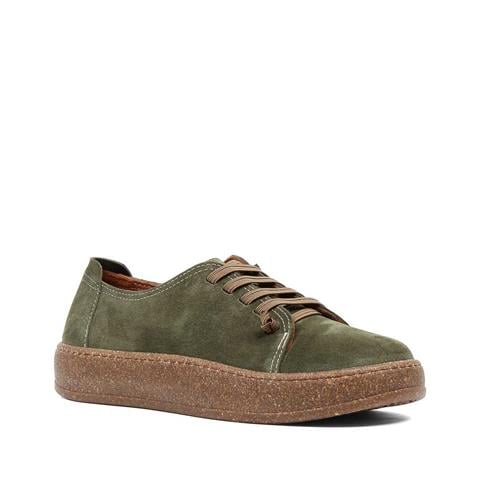 Kadın Haki Bağcıklı Kalın Tabanlı Süet Deri Ayakkabı