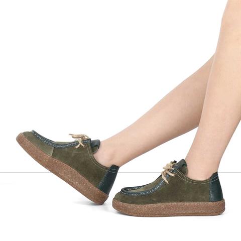 Kadın Haki Bağcıklı Kalın Tabanlı Süet Deri Ayakkabı