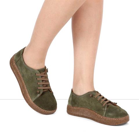 Kadın Haki Bağcıklı Kalın Tabanlı Süet Deri Ayakkabı