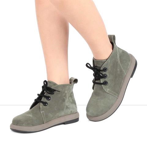 Kadın Haki Bağcıklı Süet Deri Bot