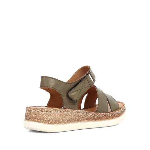 Kadın Haki Bantlı Dolgu Topuklu Deri Sandalet