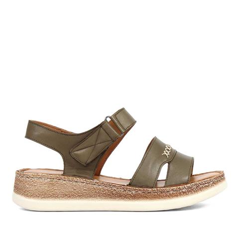 Kadın Haki Bantlı Dolgu Topuklu Deri Sandalet