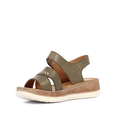 Kadın Haki Bantlı Dolgu Topuklu Deri Sandalet