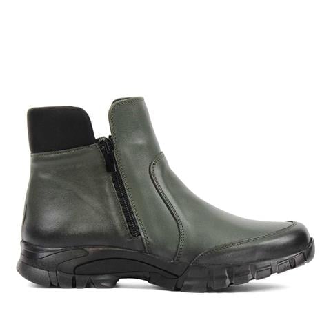 Kadın Haki Çift Fermuarlı Deri Bot