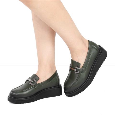 Kadın Haki Dolgu Topuklu Deri Ayakkabı