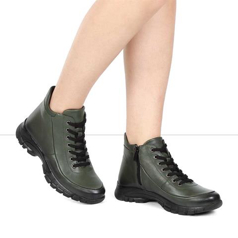 Kadın Haki Fermuarlı Deri Bot