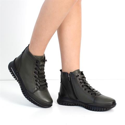 Kadın Haki Fermuarlı Deri Bot