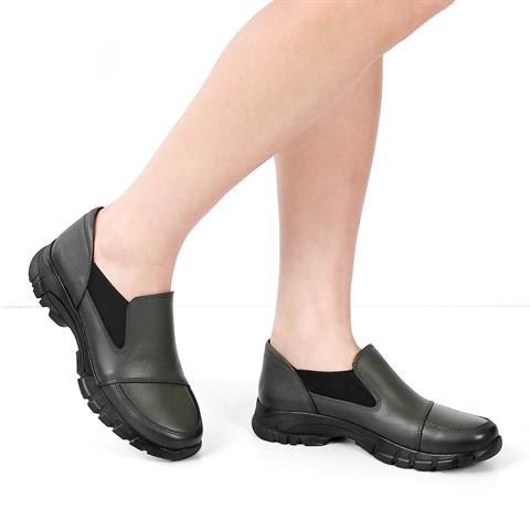 Kadın Haki Lastikli Kalın Tabanlı Deri Ayakkabı