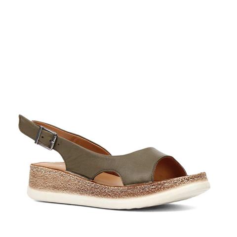 Kadın Haki Tokalı Dolgu Topuklu Deri Sandalet