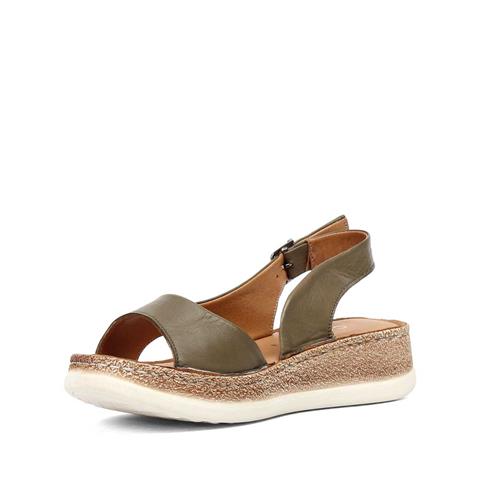 Kadın Haki Tokalı Dolgu Topuklu Deri Sandalet