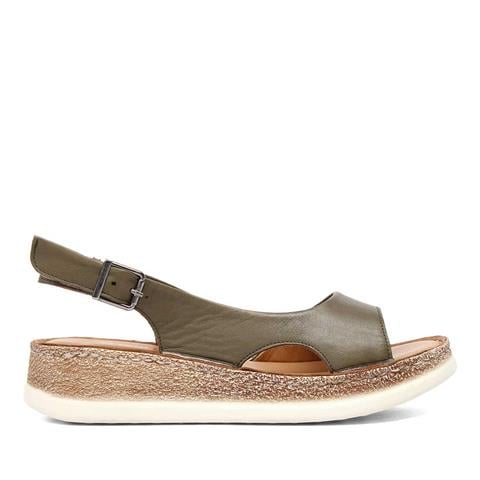 Kadın Haki Tokalı Dolgu Topuklu Deri Sandalet