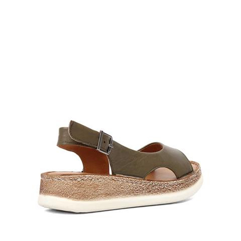 Kadın Haki Tokalı Dolgu Topuklu Deri Sandalet