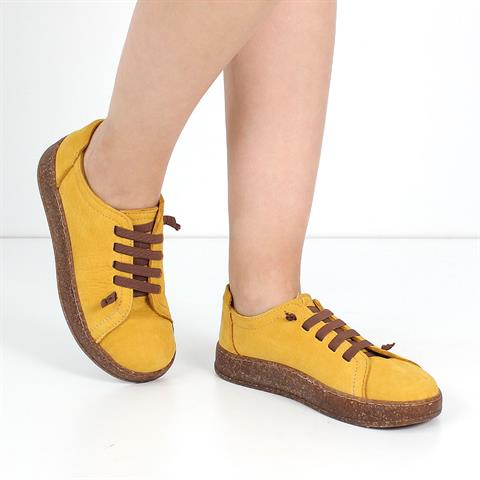 Kadın Hardal Bağcıklı Kalın Tabanlı Nubuk Deri Ayakkabı