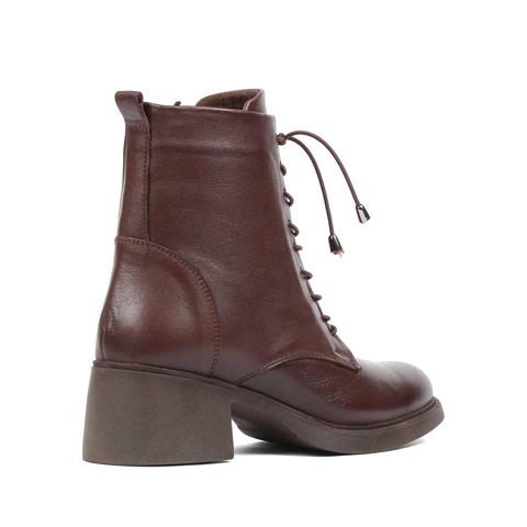 Kadın Kahverengi Bağcıklı Fermuarlı Deri Bot