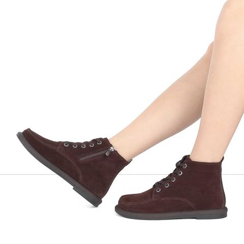 Kadın Kahverengi Bağcıklı Fermuarlı Süet Deri Bot