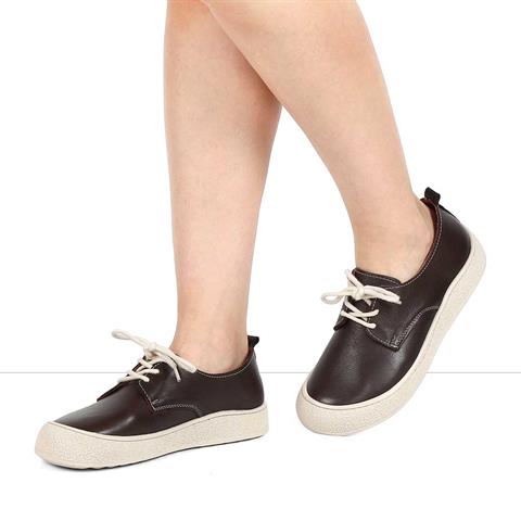 Kadın Kahverengi Bağcıklı Kalın Tabanlı Deri Ayakkabı