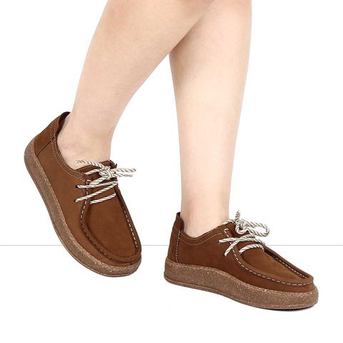 Kadın Kahverengi Bağcıklı Kalın Tabanlı Nubuk Deri Ayakkabı