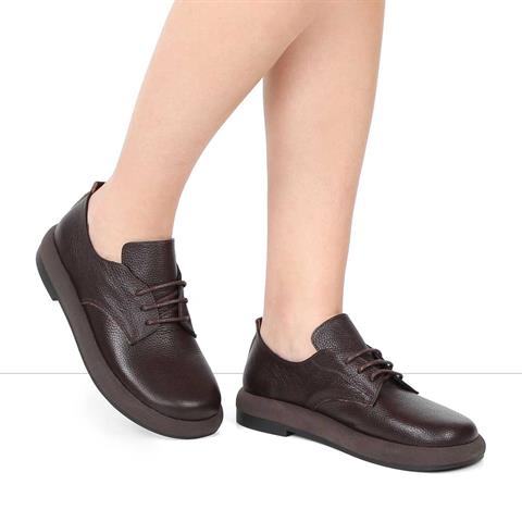 Kadın Kahverengi Bağcıklı Kalın Tabanlı Deri Ayakkabı