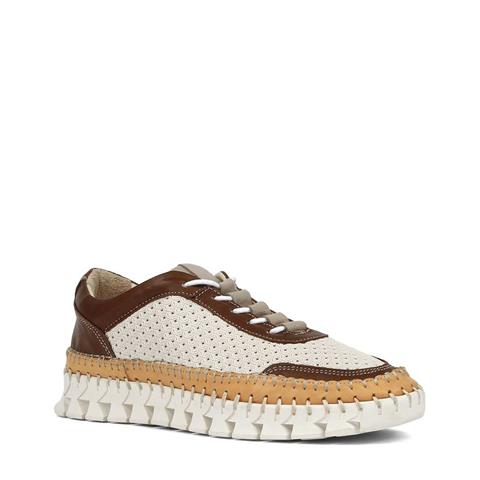 Kadın Kahverengi Bej Bağcıklı Kalın Tabanlı Deri Sneaker