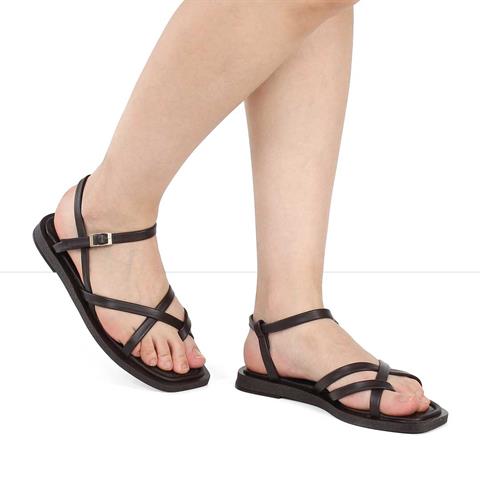 Kadın Kahverengi Çapraz İnce Bantlı Deri Sandalet